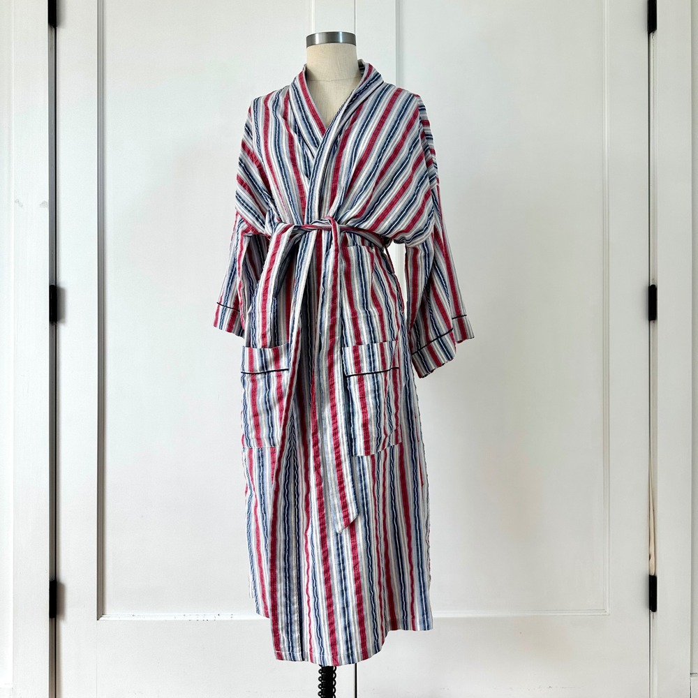 Vintage Pierre Cardin Striped 100 Cotton Robe Red Blue Belted Bathrobe 80s OS